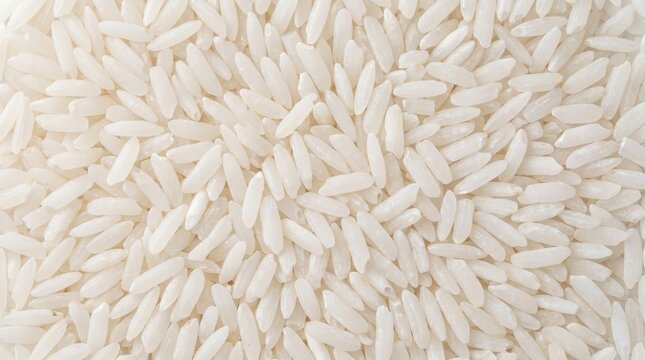 Overhead macro shot of numerous uncooked white rice grains forming a bright, clean, and textured background with distinct elongated shapes