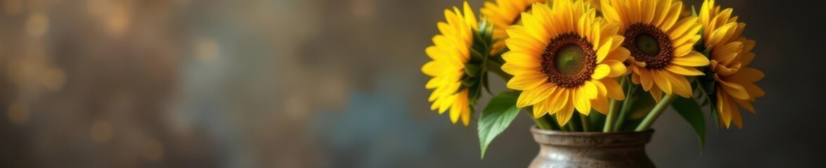 Fototapeta premium Towering sunflowers fill a rustic vase, vibrant yellow blooms , rustic, flowers