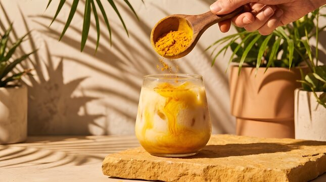 Hand pouring vibrant golden turmeric powder into a chilled milk drink