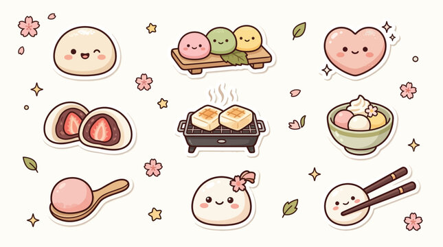 A collection of cute cartoon Japanese mochi desserts and dango with cherry blossoms and sparkles on a white background.