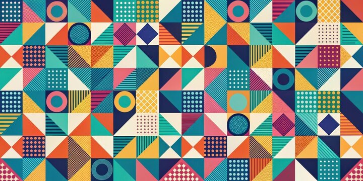 Vibrant Geometric Textile Design Featuring a Plethora of Shapes and Patterns in a Harmonious Composition