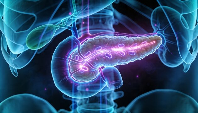 Displaying central pancreas glowing neon ducts in medical render, showing stomach and gallbladder