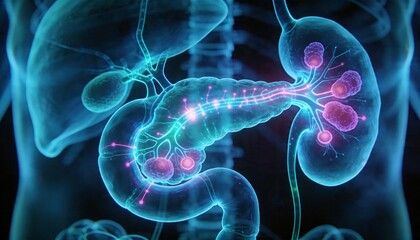 Fototapeta premium Displaying pancreas showing glowing duct in translucent studio visualization, with kidneys nodules