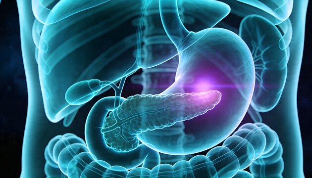 Displaying highlighted pancreas glowing purple in translucent torso, showing stomach bowel rib cage