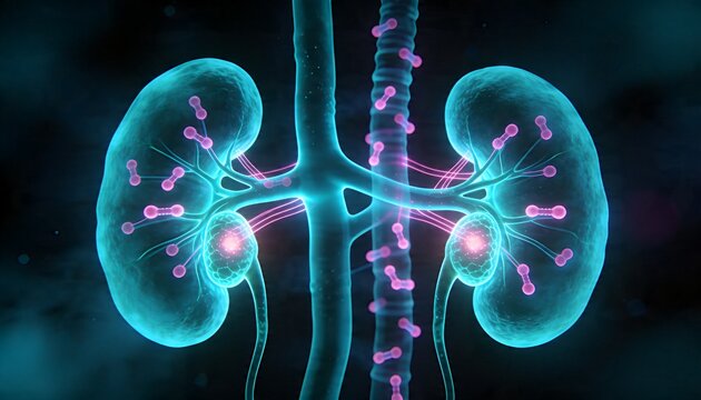 Depicting pair of kidneys glowing in medical illustration showing aortic column and ureters