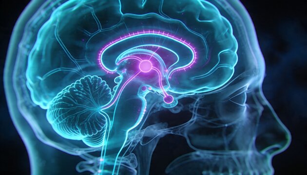 Displaying clear skull in dark studio showing neon cyan brain, magenta pathway and glowing nodes