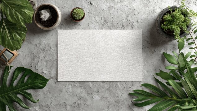 Blank White Card Surrounded by Lush Green Tropical Plants on Textured Gray Background.
