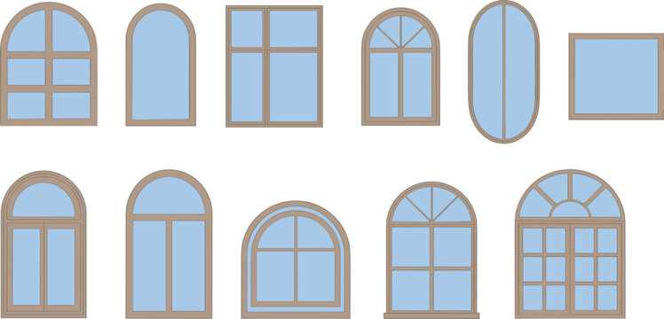 Window frames collection set, arched modern house architecture vector illustration isolated design elements