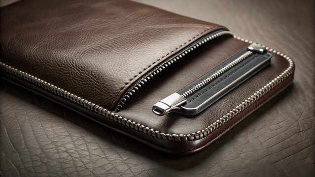 Close-up view of a brown leather zippered pouch with a metallic zipper pull resting on a textured surface