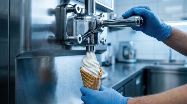 A close-up shot of a person in blue protective gloves expertly dispensing creamy soft-serve ice cream from a commercial machine into a crisp waffle cone