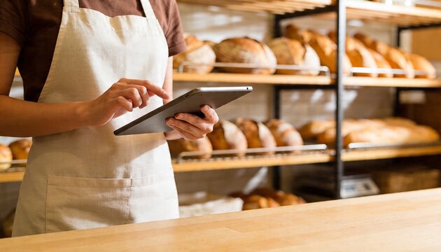 Tapping baker in white apron or brown top checking tablet at bakery counter, with loaves copy space