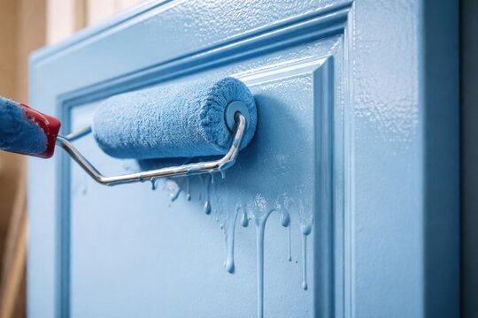 Puerta de armario pintada de azul cielo con rodillo de espuma, textura de pintura h&uacute;meda goteando