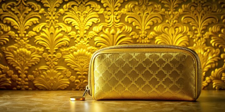 A luxurious golden zippered pouch rests on a surface, elegantly showcased against a backdrop of ornate golden patterned fabric.