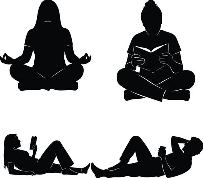 Silhouettes of people meditating and reading Vector