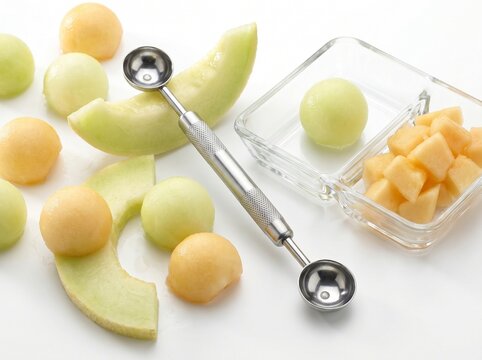 Melon scooper and fresh cantaloupe slices on white background