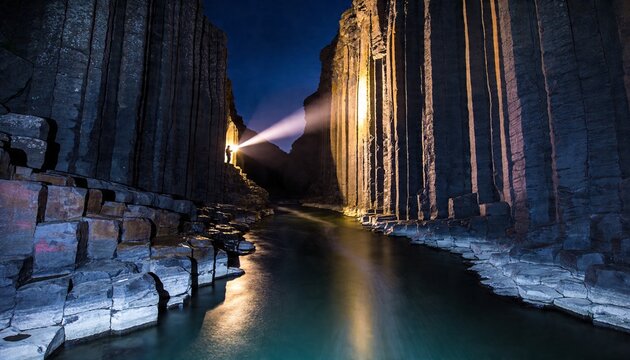 Standing hiker in dark gear aiming flashlight beam across basalt columns at night river reflecting