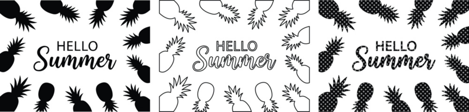 Hello Summer pineapple vector banner set, tropical fruit silhouette border collection, black and white pineapple frame for seasonal party invitations