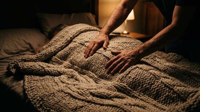 Caring hands tucking a warm blanket around someone resting in bed, conveying comfort and security
