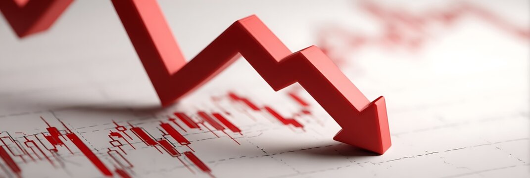 3D red downward trending arrow plunging sharply over a detailed financial candlestick chart illustrating a severe stock market crash, corporate bankruptcy, and global economic recession