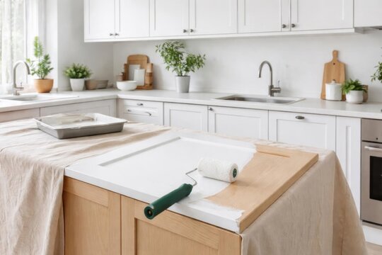 Cocina minimalista blanca con armarios sin acabado que se est&aacute;n renovando con pintura, rodillo compacto que crea una cobertura uniforme