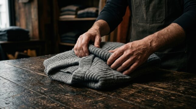 Hands folding a gray knitted sweater on a rustic wooden table, showcasing craftsmanship and the art of textile care in a cozy setting