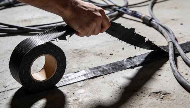 Pulling exposed forearm tearing strip from black cloth tape roll on concrete floor, with cables