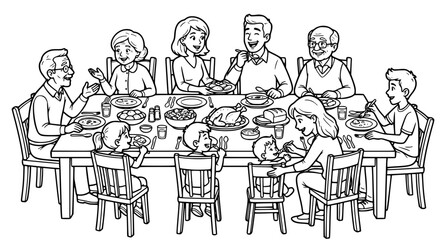 Large family dining table coloring page vector with multi generation people eating together outline illustration