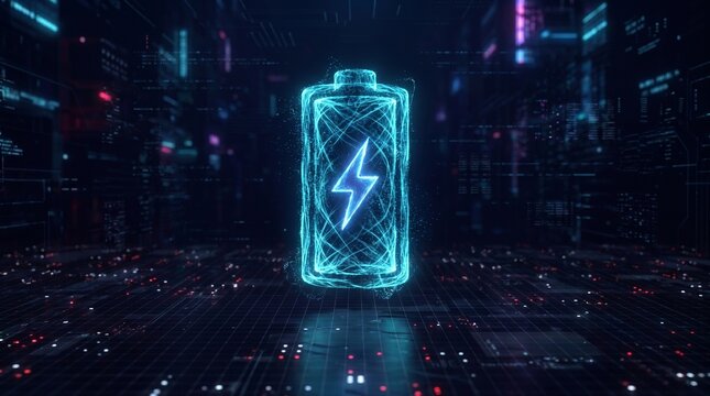 Glowing digital battery icon representing energy storage and modern power technology