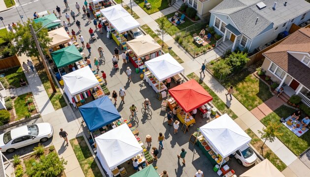 Bustling canopy row and shoppers walking on local street wearing summer clothes, with bright tents