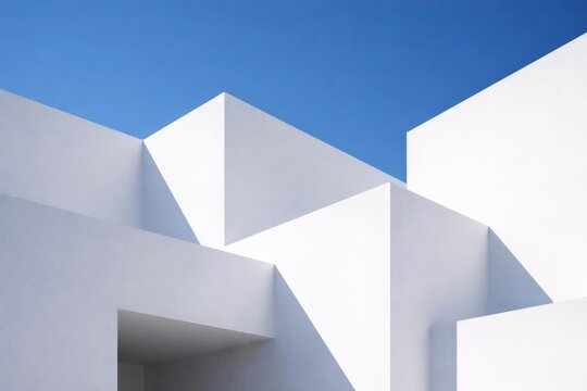 Muros arquitect&oacute;nicos minimalistas blancos que se entrecruzan en &aacute;ngulos geom&eacute;tricos audaces bajo un cielo azul intenso