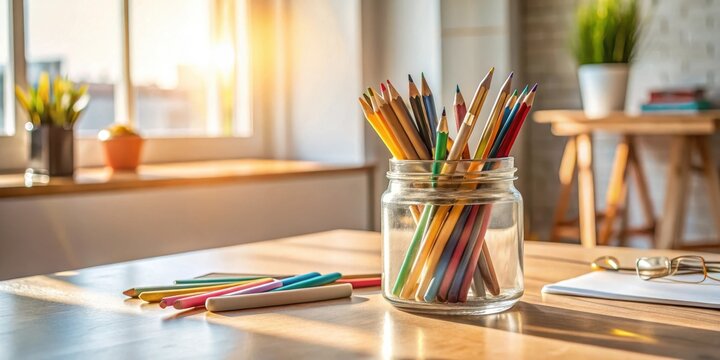 A sunlit workspace featuring colorful pencils in a glass jar, alongside a collection of drawing implements on a wooden table