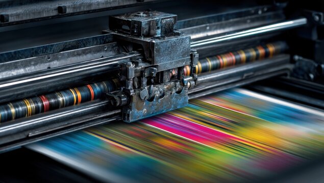 Close-up of a high-speed printing press in action, creating vibrant colors.