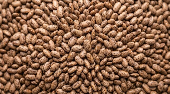 Close up overhead view of a pile of pinto beans showing their speckled brown and tan patterns and oval shapes creating a natural organic texture