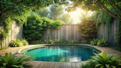 Fototapeta premium Serene Oasis A Circular Pool Nestled Within a Lush, Private Garden Encircled by Wooden Fencing and Verdant Greenery, Bathed in Golden Sunlight