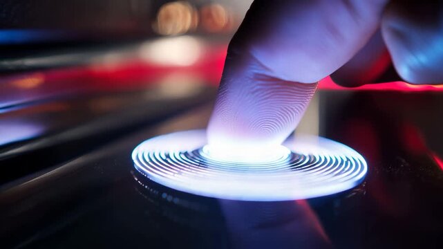 4K Ultra HD Closeup of a human finger scanning a biometric fingerprint sensor on a glowing digital interface video