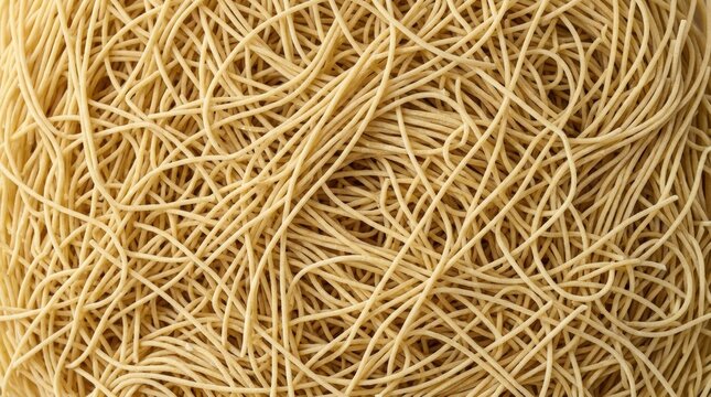 Extreme close-up of a tangled mass of thin, dry, uncooked vermicelli pasta creating a complex, interwoven background with a light golden hue