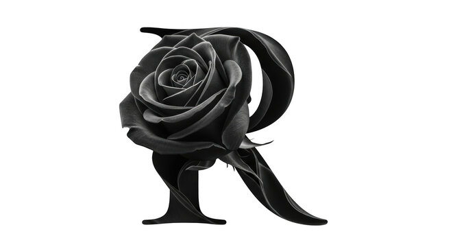 Black and white rose with letter r illustration isolated on transparent background