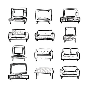 Retro televisions and sofas.