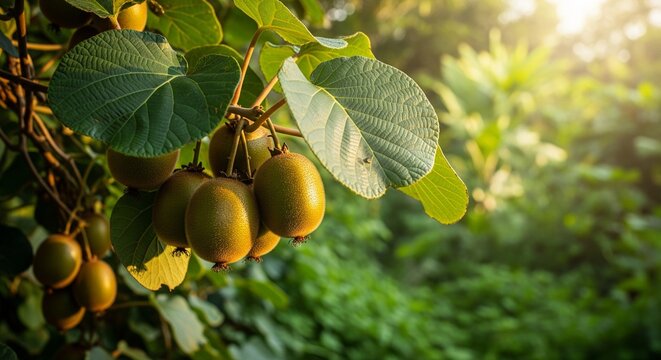 A close-up shot of a cluster of brown kiwi fruits hanging from a branch with green leaves in a sunny garden