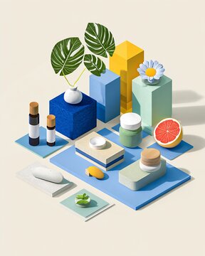 Isometric pastel product display with skincare bottles, jars, grapefruit and tropical leaves on geometric pedestals