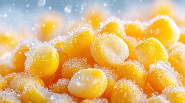 Macro close-up of sweet corn kernels covered in sparkling water bubbles in bright backlight