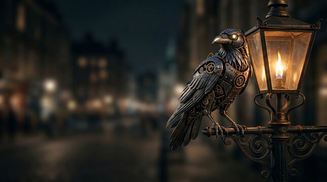 Mechanical crow perched on a vintage street lamp at night in the city