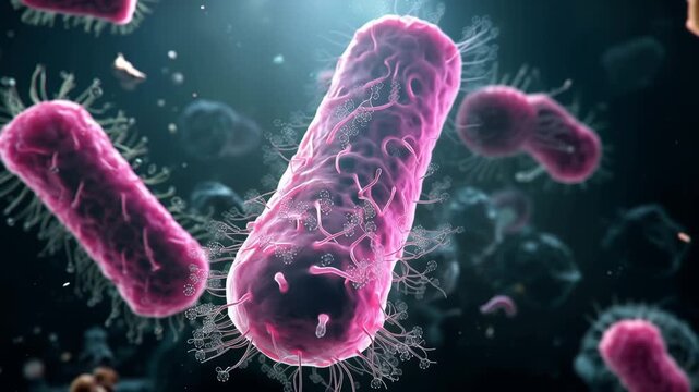 4K Ultra HD 3d render of a group of pink rodshaped bacteria cells, representing pathogens or microorganisms in a microscopic environment video