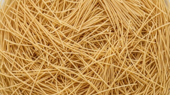 Overhead view of fine, dry, uncooked angel hair pasta forming a dense, interwoven background with a warm golden brown color and delicate texture