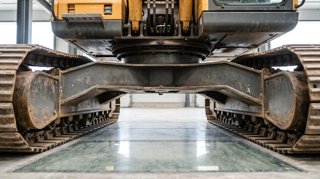 Bottom view of a generic heavy excavator's undercarriage in an industrial garage
