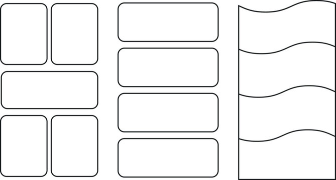 A collection of clean black-and-white vector templates featuring rectangles grouped boxes and wavy dividers. These minimalist wireframe elements provide a structured foundation for layout design