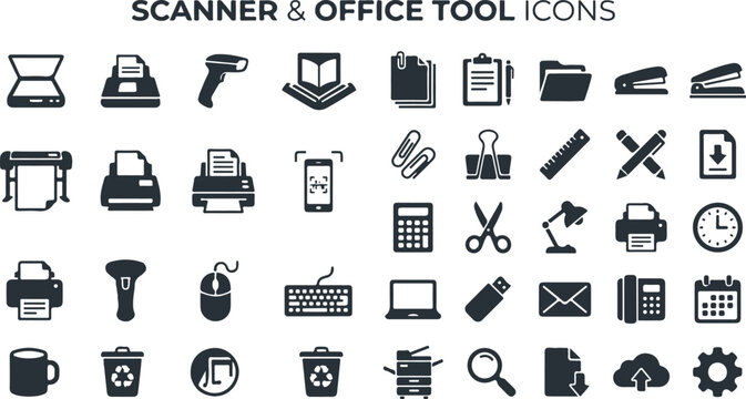 Flat line icons set of scanner and office tools for business and digital use