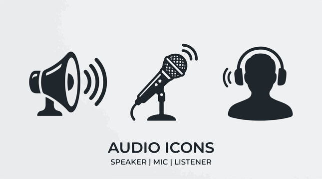 Audio icons set featuring speaker, microphone, and listener with headphones