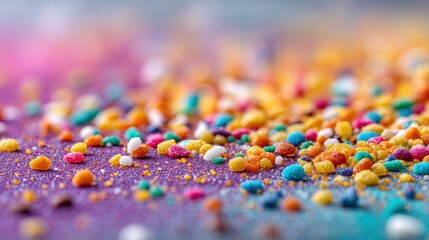 Obraz premium Macro close up of colorful sugar sprinkles scattered on purple surface with soft bokeh background