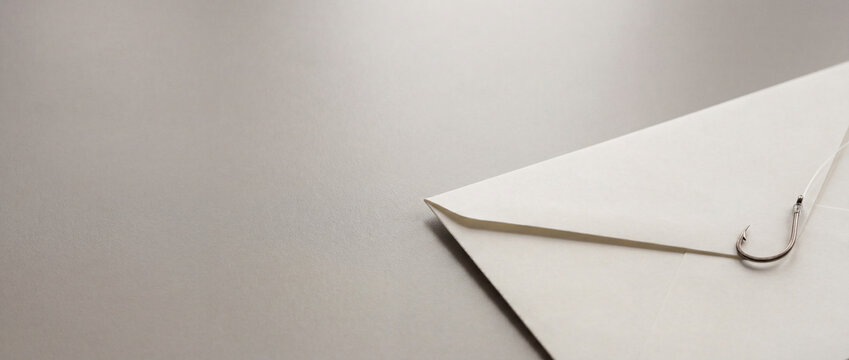 Suspicious email concept with simple envelope and hook entering frame